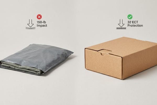 Packaging Impact Comparison A gray polybag, failing "150-lb Impact", sits beside a brown corrugated box offering "32 ECT Protection" for shipping clothes.