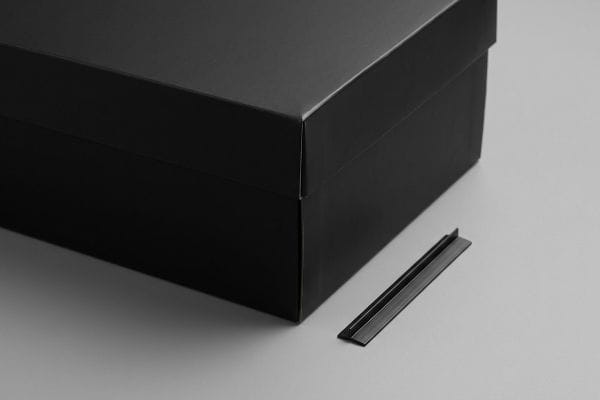 Shoe Box Crease Matrix Matte black shoe box with a polymer creasing channel for precise die-cutting and flawless folds in premium packaging.