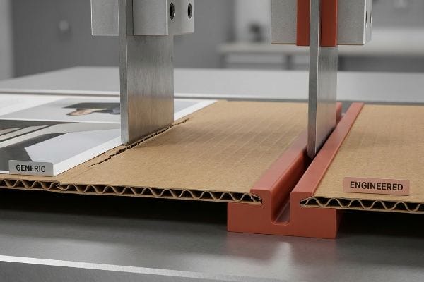 Corrugated board comparison: steel rule die creasing Generic section with cracking, vs. Engineered section with polymer creasing matrix for clean fold.