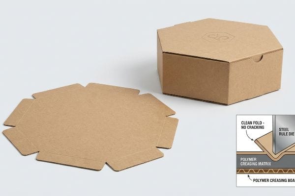 Hexagon Box Packaging Brown kraft hexagonal box, flat die-cut, and diagram of Steel Rule Die with Polymer Creasing Matrix ensuring clean folds.