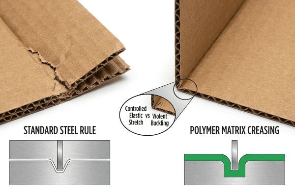 Brown corrugated cardboard shows a torn Standard Steel Rule crease compared to a pristine Polymer Matrix Creasing fold, illustrating controlled elastic stretch versus violent buckling.
