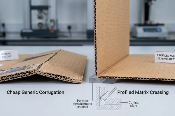Pliegue de matriz perfilada Comparación de cartón ondulado genérico barato con agrietamiento severo de las fibras frente a un pliegue limpio de matriz perfilada de 0,76 mm, que ilustra un diagrama de canal de matriz hembra de polímero.