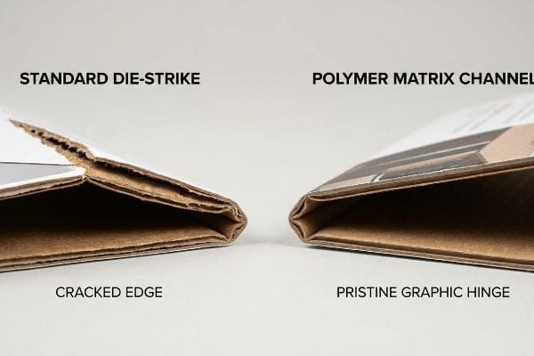 Close-up comparison of two folded cardboard edges: Standard Die-Strike with Cracked Edge vs. Polymer Matrix Channel with Pristine Graphic Hinge.