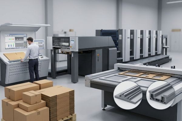自動型抜きテーブル上には、女性用ポリマーマトリックスの折り目加工溝が見え、その傍らでは男性が特注箱製造用のリソグラフィー印刷機を操作している。.