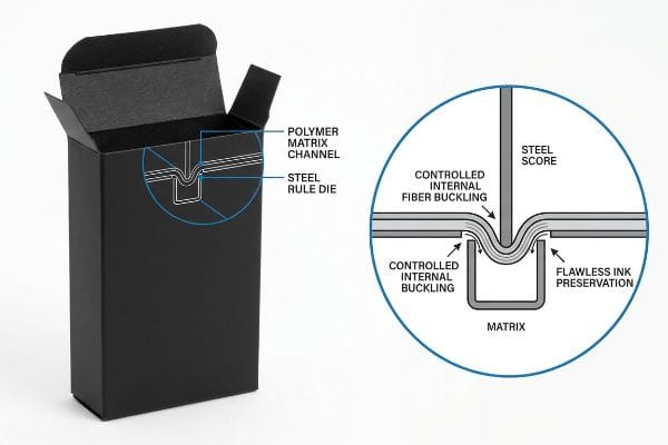 Black straight tuck box with magnified crease diagram showing Polymer Matrix Channel, Steel Rule Die, Controlled Internal Fiber Buckling, and Flawless Ink Preservation.