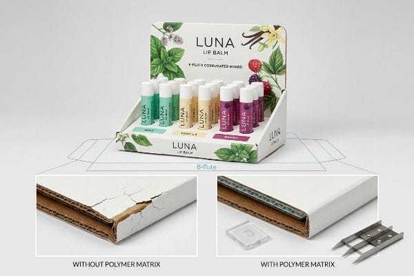 Polymer Matrix Fold Comparison B-flute corrugated board for Luna Lip Balm display, comparing cracked fold without polymer matrix to clean fold with polymer creasing matrix.