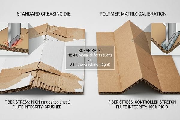 Creasing Die Comparison Corrugated cardboard comparison showing a standard creasing die causing 12.4% visual defects and crushed flutes versus polymer matrix calibration with 0% litho-cracking and 100% rigid flute integrity.