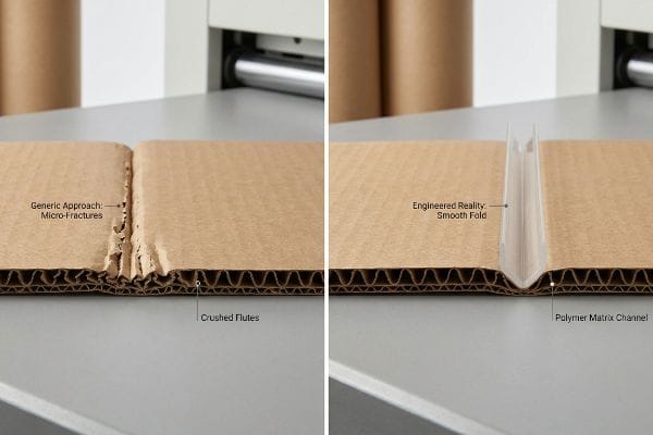 Smooth Fold Technology Damaged fold with Micro-fractures and Crushed Flutes vs. Smooth Fold with Polymer Matrix Channel in corrugated board.