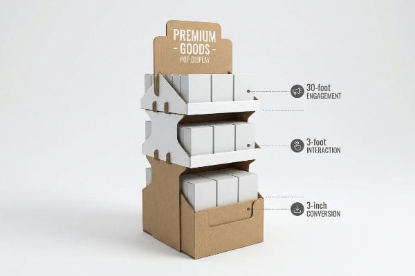 A three-tiered corrugated cardboard POP display, labeled 'Premium Goods Pop Display', holds white product boxes and illustrates the 3-3-3 Spatial Engagement Rule with 30-foot engagement, 3-foot interaction, and 3-inch conversion metrics.