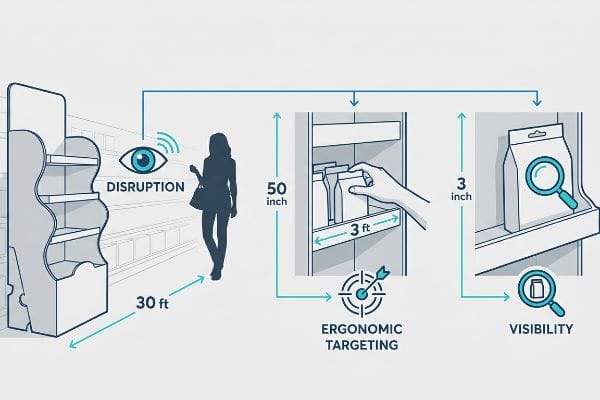POP Display 3-3-3 Rule Infographic detailing the 3-3-3 Rule for POP display engagement, showing 30-foot Disruption, 50-inch Ergonomic Targeting, and 3-inch Visibility.
