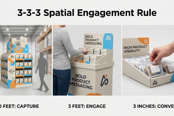 3-3-3 Spatial Rule Three panels illustrate the 3-3-3 Spatial Engagement Rule for POP displays: 30 feet capture, 3 feet engage, 3 inches convert.