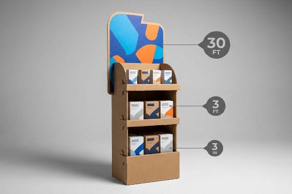 POP Display 3-3-3 Rule Corrugated cardboard POP display demonstrating the 3-3-3 Rule with 30 FT, 3 FT, 3 IN spatial engagement measurements, featuring a die-cut header.