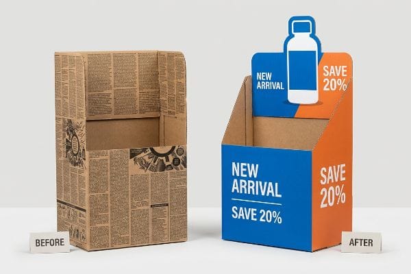 POP Display Design Comparison Corrugated cardboard Point of Purchase displays, Before and After, comparing a plain newspaper-print design to a vibrant blue and orange display with 'New Arrival' and 'Save 20%'.