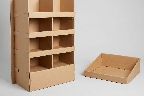 Cardboard Retail Display Units Natural brown kraft cardboard multi-tiered POP floor display stands beside an empty POS register tray, showcasing retail packaging solutions.