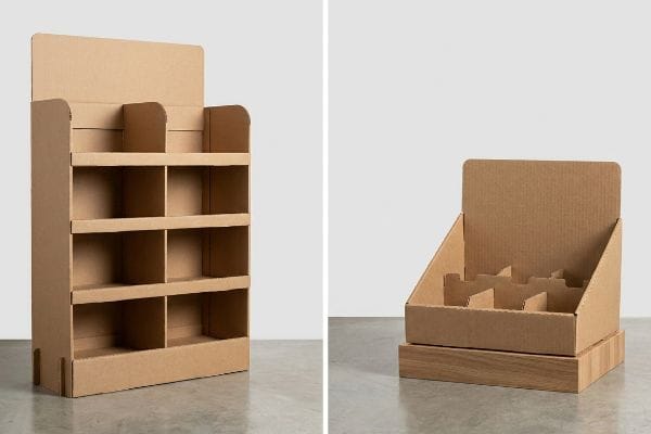 Brown corrugated cardboard POP floor merchandiser with multiple shelves and a POS countertop display unit with internal dividers.