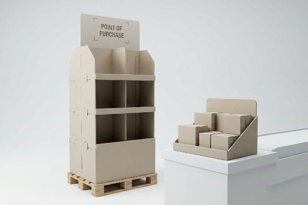 POP POS Displays Kraft cardboard Point Of Purchase (POP) floor display on a pallet and a tiered Point Of Sale (POS) counter display with boxes.