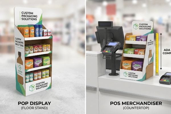 Cardboard Pop Display floor stand and Pos Merchandiser countertop unit, branded 'Custom Packaging Solutions,' showing products and ADA compliance ruler.