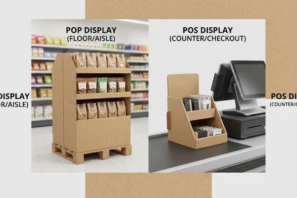 POP vs POS Displays Corrugated cardboard displays: a Pop Display (Floor/Aisle) on a pallet with packaged goods, and a Pos Display (Counter/Checkout) with small impulse items.
