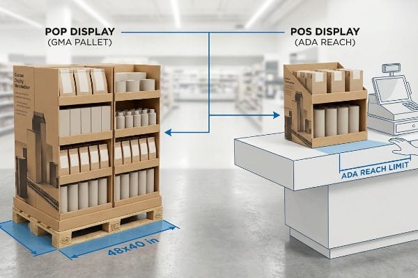 POP vs POS Displays Cardboard POP Display on a 48x40 inch GMA Pallet contrasted with a POS Display at an ADA Reach Limit checkout counter.