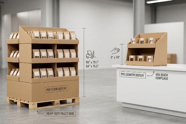 Retail POP POS Displays Brown cardboard POP Floor Display on a GMA Heavy-Duty Pallet Base, beside a POS Counter Display marked ADA Reach Compliant, both holding product bags.