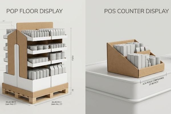 Pop Pos Cardboard Displays Cardboard Pop Floor Display on 48x40 inch Gma Pallet and Pos Counter Display, filled with white products, noting FSDU and Ada Reach Compliance 15-48 inch.