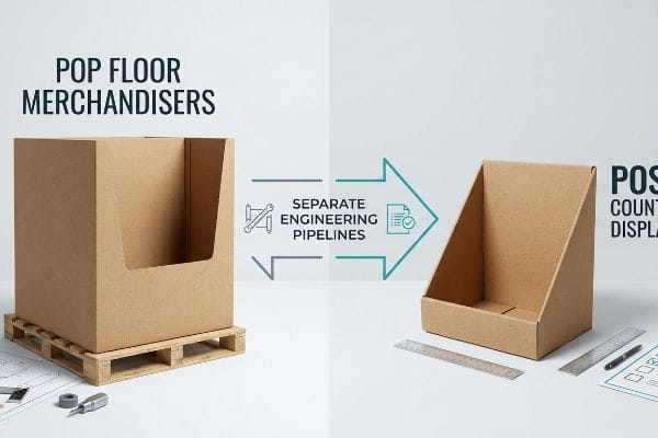 Separate Packaging Pipelines Brown corrugated POP Floor Merchandiser on a pallet and a POS Counter Display, emphasizing Separate Engineering Pipelines for retail packaging.