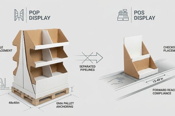 POP vs POS Displays Cardboard and white POP Display (48x40in) with GMA Pallet Anchoring compared to a POS Display (15-48in) for Forward Reach Compliance.