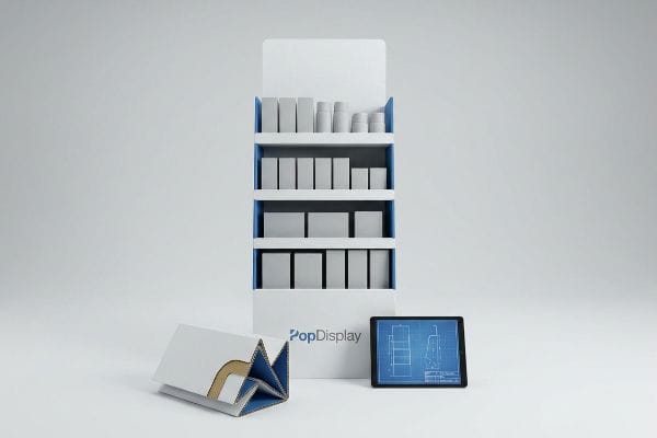 PopDisplay Retail Solution A studio shot features a PopDisplay retail merchandiser, a tablet with a blueprint, and a folded corrugated display.
