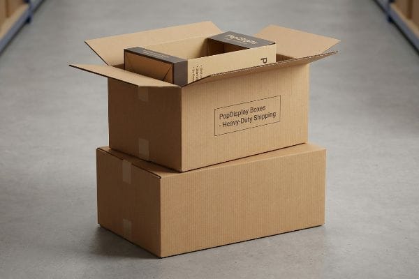 PopDisplay Shipping Boxes Stacked PopDisplay Heavy-Duty Shipping corrugated boxes in a warehouse, one open with an inner box.