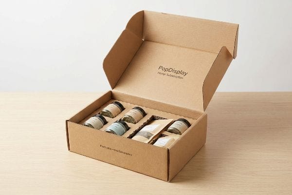 An open PopDisplay Hemp Subscription box reveals six glass jars and two kraft pouches, secured by internal corrugated dividers.