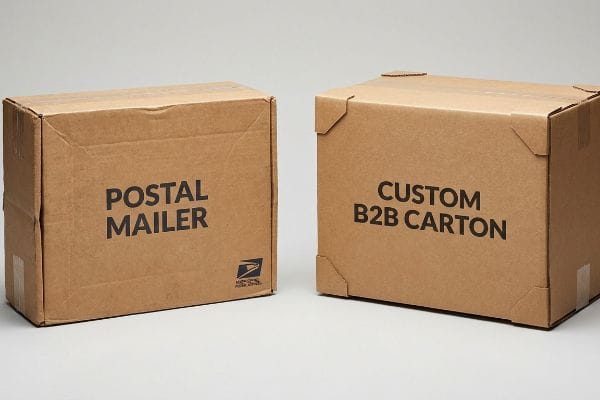 Postal Mailer B2B Carton Brown corrugated boxes: a 'Postal Mailer' with USPS logo next to a 'Custom B2B Carton' for wholesale.