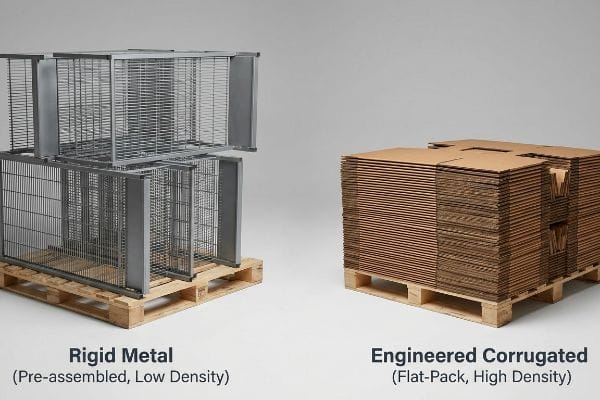 Rigid vs Flat-Pack Freight Pre-assembled Rigid Metal display units and flat-pack Engineered Corrugated packaging on pallets, comparing low density versus high density freight.