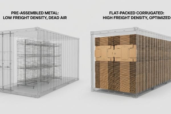 Freight Density Comparison Transparent shipping containers compare Pre-Assembled Metal, Low Freight Density, Dead Air, with Flat-Packed Corrugated, High Freight Density, Optimized.