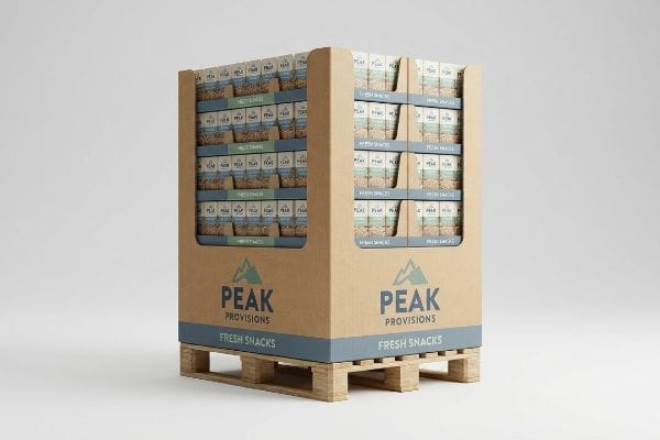 Peak Provisions Pallet Display A large custom corrugated pallet display for Peak Provisions Fresh Snacks, pre-filled with numerous snack packages on a wooden pallet.