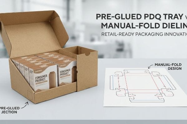 Pre-Glued Manual Dieline Brown corrugated Pre-Glued Pdq Tray holding Consumer Product boxes, next to a Manual-Fold Dieline for retail packaging innovation.