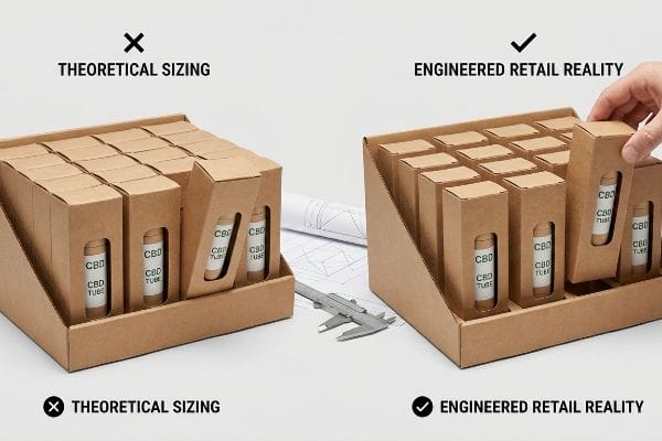 Engineered CBD Packaging Fit Kraft paperboard display trays contrasting Theoretical Sizing with Engineered Retail Reality for CBD Tube packaging, showing a jammed fit versus precision clearance for frictionless removal, with a caliper and blueprints.
