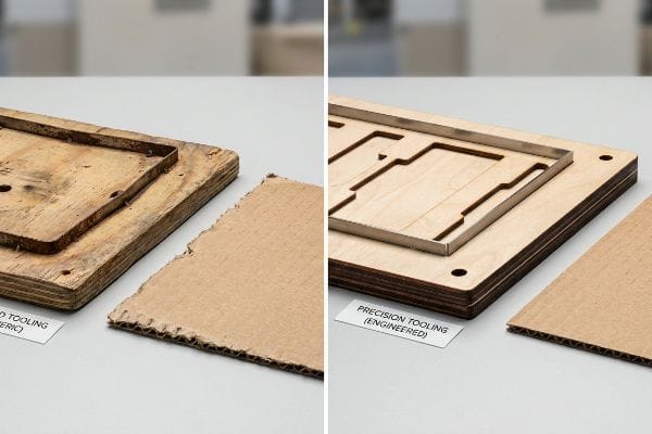 Worn Old Tooling (Generic) with rusty blades and jagged cardboard contrasts with new Precision Tooling (Engineered) for sharp cuts.