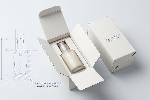 Custom Consolidation Packaging Technical drawing of a bottle and insert with 'Precision Engineered Fit - 2.03mm Tolerance', next to a frosted glass pump bottle in an open white box, and a closed 'Custom Consolidation Solutions' box.