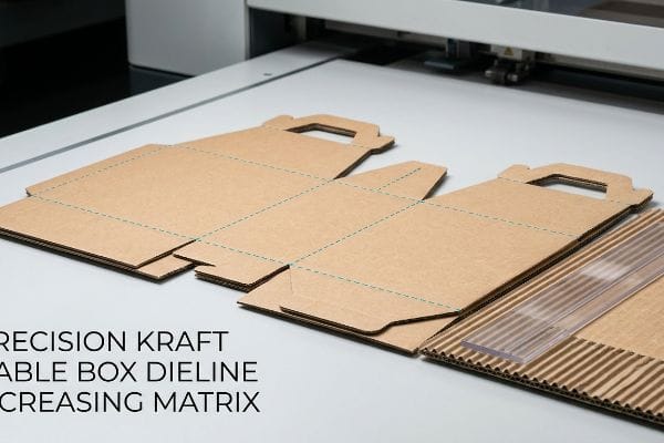Precision Kraft Gable Box Dieline Creasing Matrix on natural kraft board.