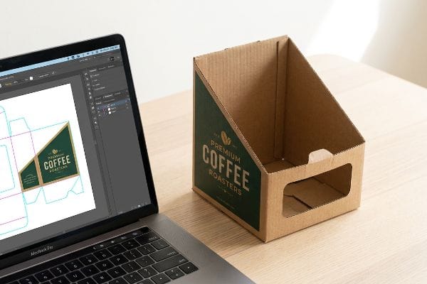 Coffee Box Design Prototype A laptop displays a digital design for a corrugated display box, next to a physical prototype featuring a 'Premium Coffee Roasters' label.