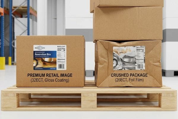 A pristine Headquarters Revoration Box (32ECT, Gloss Coating) contrasts with a crushed package (26ECT, Foil Film) on a warehouse pallet.