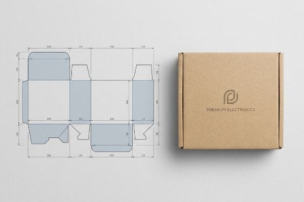 Showcasing a brown Premium Electronics cardboard box alongside its detailed packaging dieline blueprint with measurements.