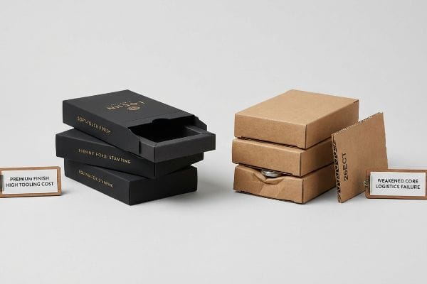 Black soft-touch boxes with Premium Foil Stamping and a sign for High Tooling Cost, contrasted with damaged 26ECT brown boxes showing Logistics Failure.