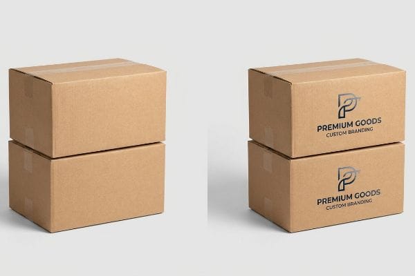 Displaying two stacks of corrugated kraft boxes, one pair unbranded and the other featuring a 'Premium Goods Custom Branding' logo.