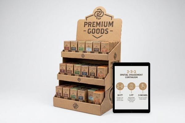 Kraft cardboard three-tiered display stand for Premium Goods, filled with product boxes, next to a tablet showing the 3-3-3 Spatial Engagement Continuum.