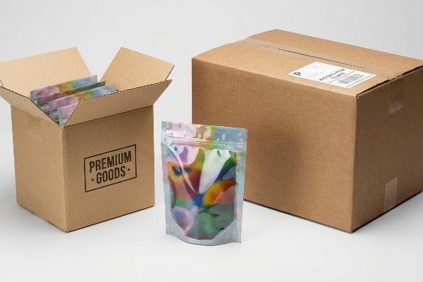 Brown corrugated boxes, one open with 'Premium Goods' and iridescent pouches, beside a closed shipping carton and a flexible wrapper.