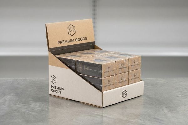 Premium Goods Display Box A retail countertop display showcases Premium Goods products in a kraft paper PDQ packaging box, filled with individually wrapped items.
