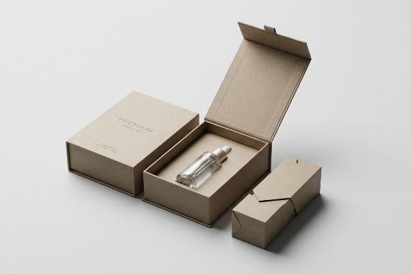 Premium Dropper Packaging Natural kraft paper cosmetic packaging: open box with clear serum dropper bottle, closed 'Premium' box.
