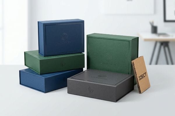 Premium Packaging 32ECT Board Premium blue, green, and gray rigid boxes with Lab Design branding, displayed next to a 32ECT corrugated board sample.