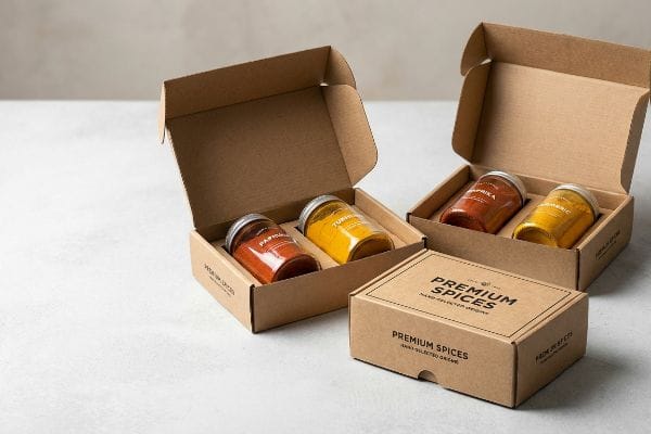Premium Spice Boxes Open kraft cardboard spice boxes reveal Paprika and Turmeric jars, with a closed 'Premium Spices, Hand-Selected Origins' retail box.